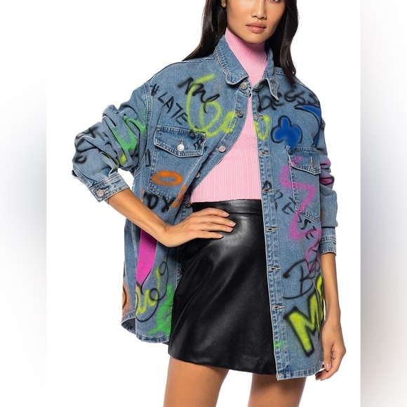 Large Oversized AKIRA Girls Club Graffiti Denim Jacket EUC - Picture 1 of 10